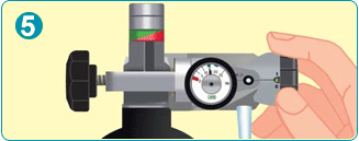 ヨークバルブ付ボンベ：（5）医師に処方された流量を設定し、酸素が供給されるのを確認します。