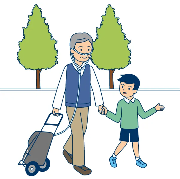 年配の男性が男の子と手を繋いで歩くイラスト
